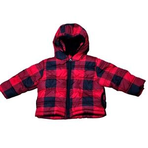 Healthtex Baby Boys Red Black Buffalo Plaid Puffer Jacket Hooded Winter Size 12M